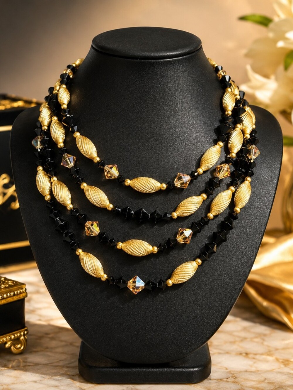 Elegant Vintage Goldtone and Black Beaded Four Strand Necklace